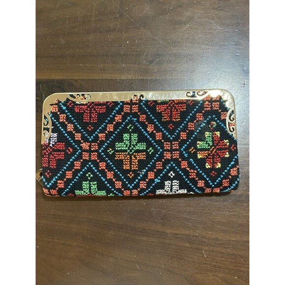 Vintage-Style Geometric Embroidered Folk Art Wallet Clutch Dividers Gold Rim - Picture 1 of 11